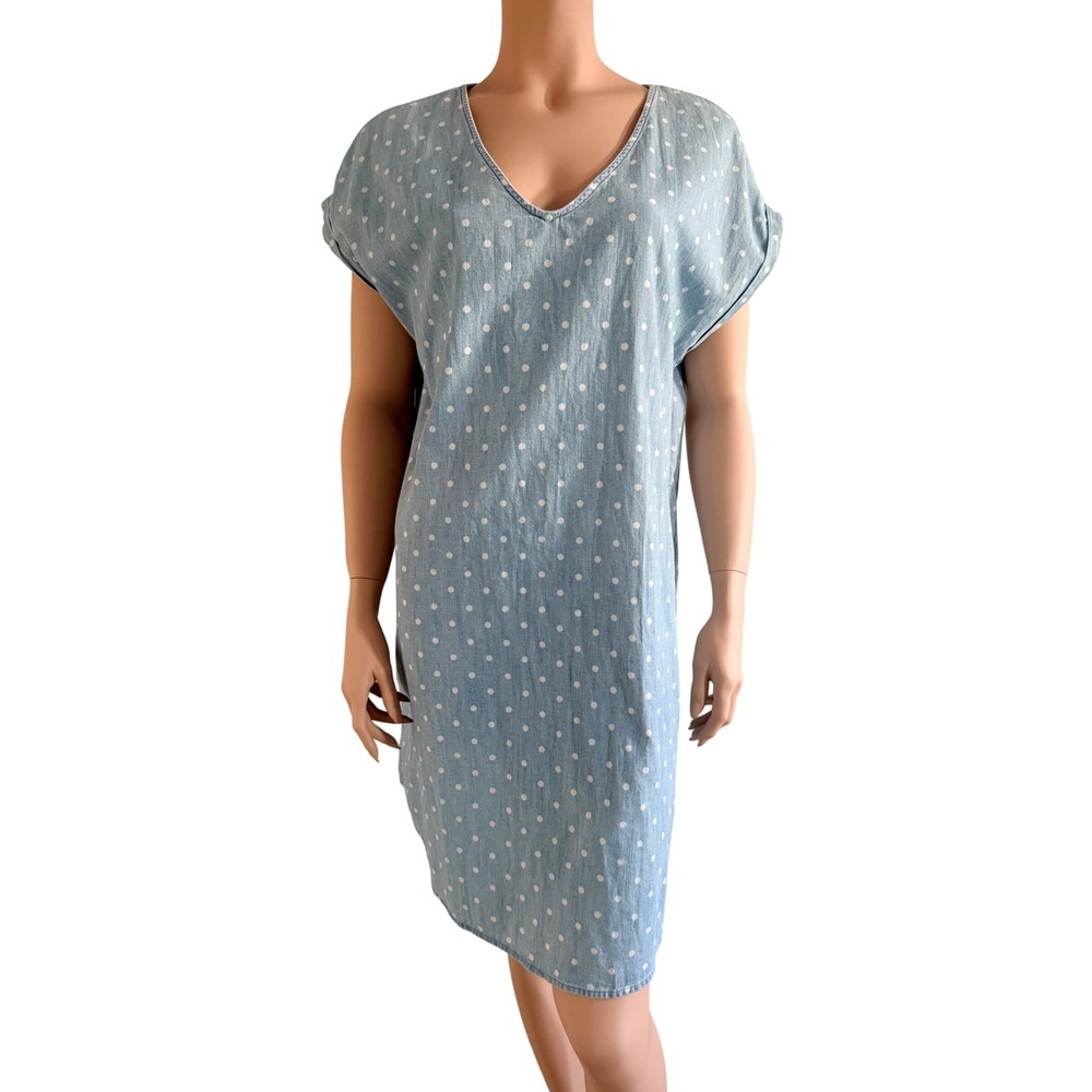 Old Navy Blue Polka Dot Chambray Button Back Shift Dress Pockets Sz L - Picture 9 of 14